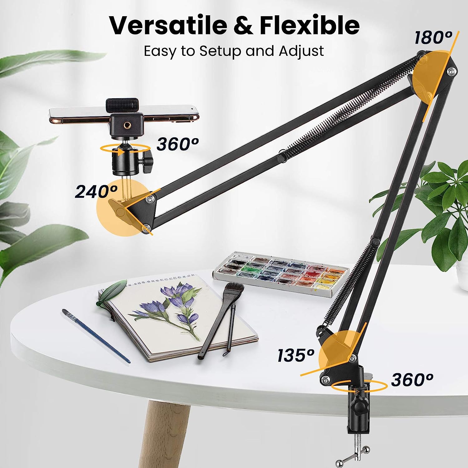 Flexible Arm Tripod For Phone Stand Table Folded Anchor 360° Rotation Online Desktop Laptop Video Live Overhead Shot Photography. 
