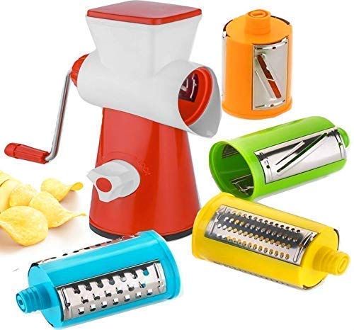 Plastic Stainless Steel 4 in 1 Multi-Functional Drum Rotary Vegetable Cutter | Shredder |Grater & Slicer | Slicer Dicer with High Speed Rotary Cylinder (Multicolor). 