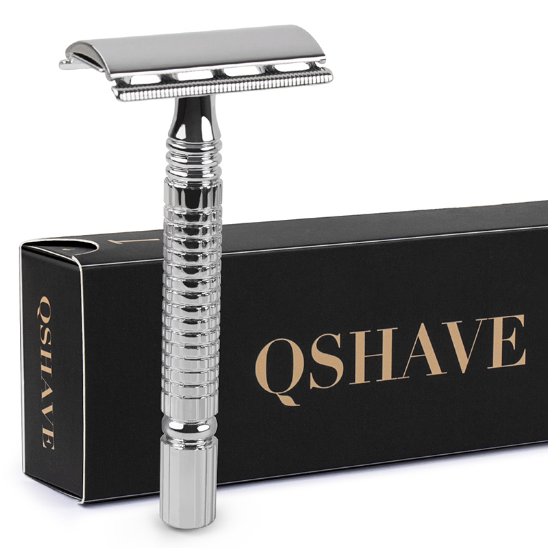 Qshave Short Handle Classic Safety Razor Double Edge Mens Shaving Razor Gift Box Pack Cure Handle, 1 Razor 5 blades