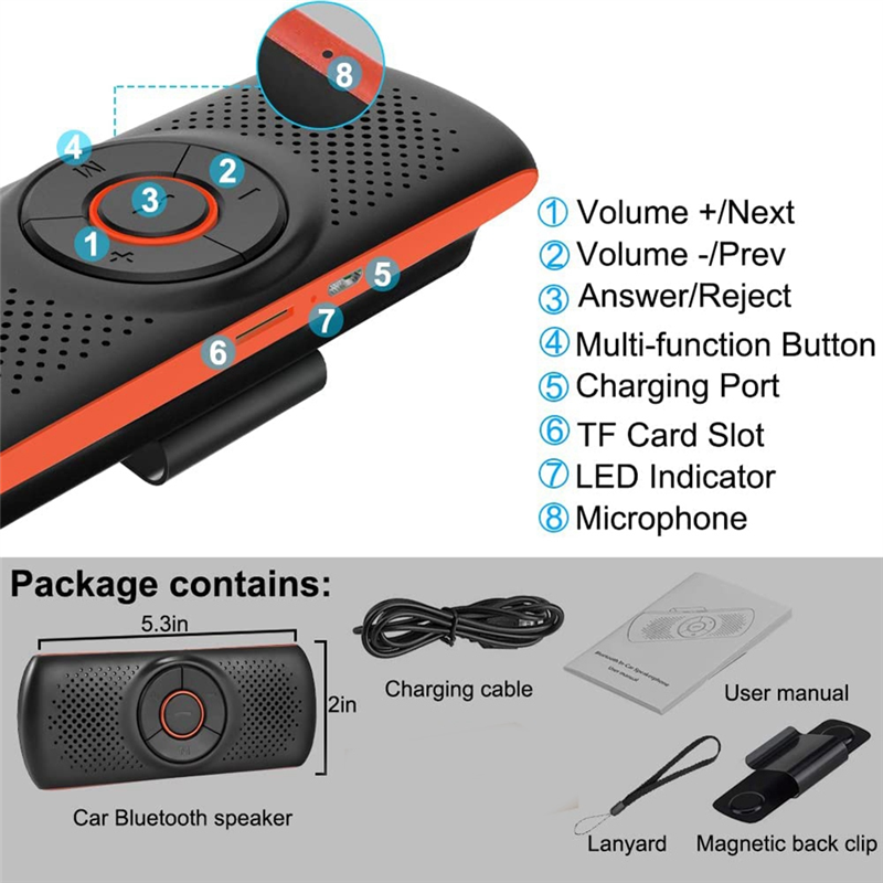 Car Bluetooth Speaker for Handsfree Talking, Wireless Car Music Player with Visor Clip. 