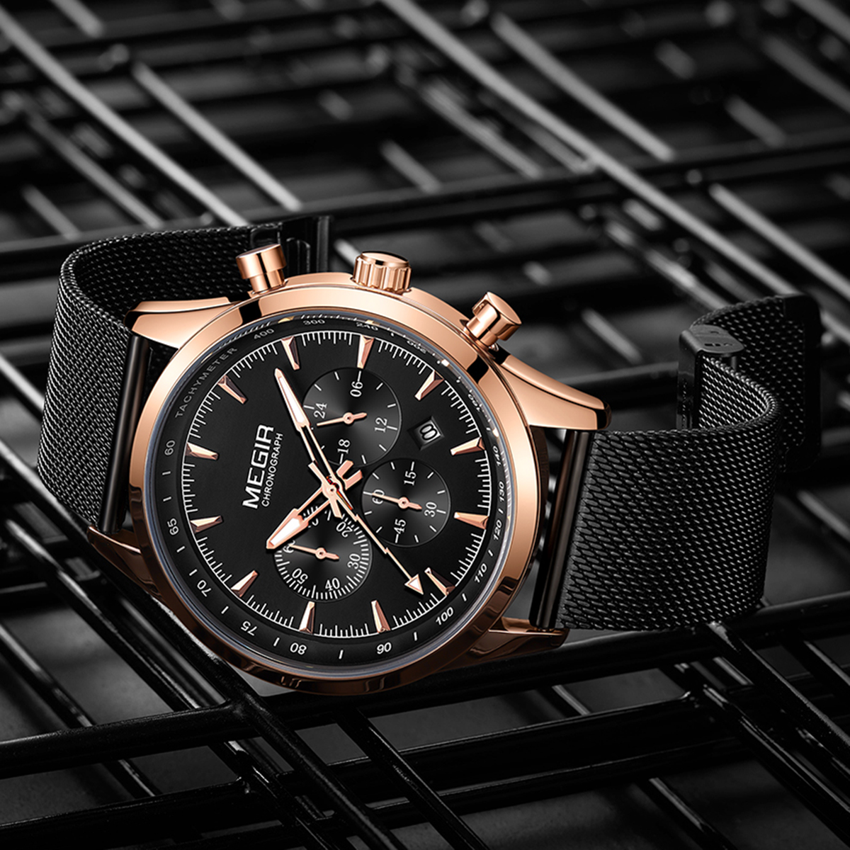 MEGIR WATCH MS2153 for Men (Rose gold case and black mesh band). 