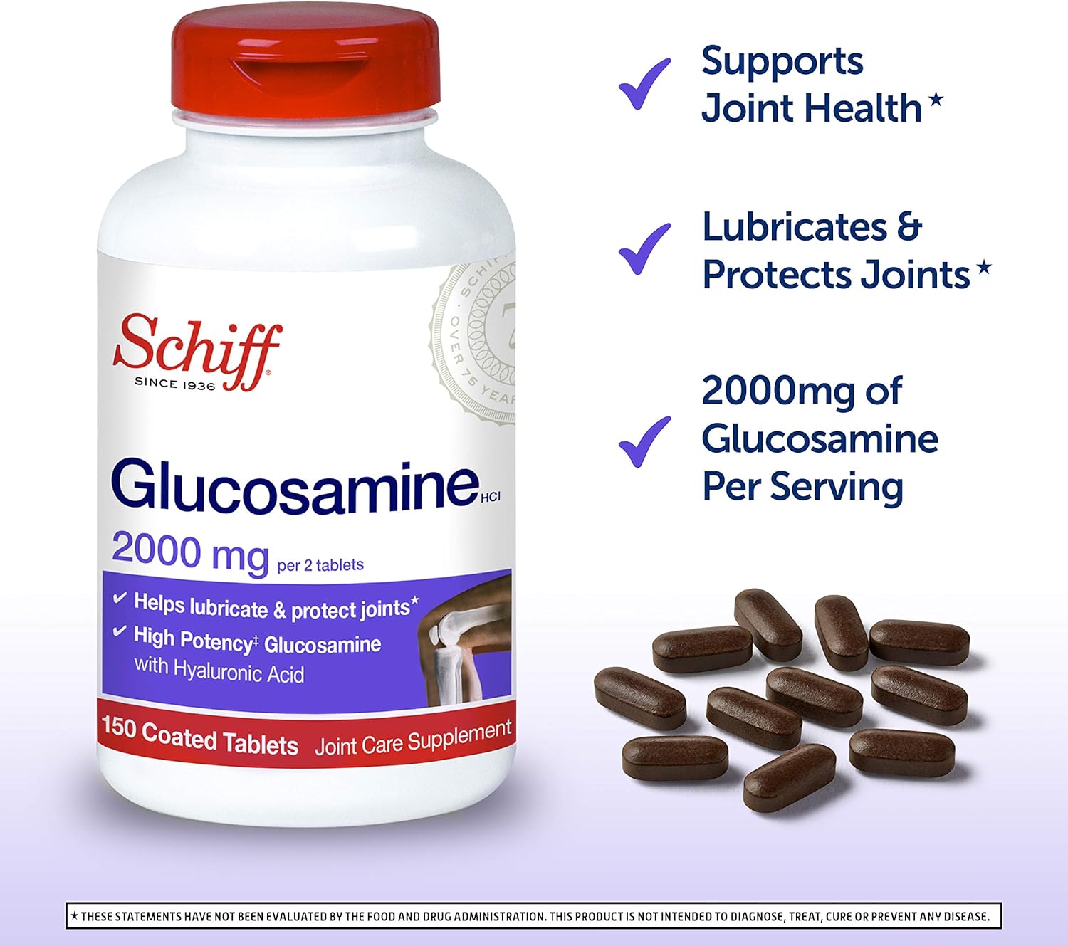 Schiff Glucosamine 2000mg (per serving) + Hyaluronic Acid Tablets (150 count in a bottle) Joint Care Supplement That Helps Support Joint Mobility & Flexibility Supports The Structure Of Cartilage. 