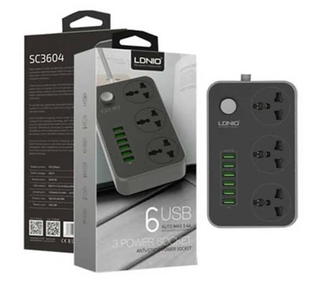 Ldino Power Strips 3 Socket with 6 USB Port For Charging - Dark Grey. 