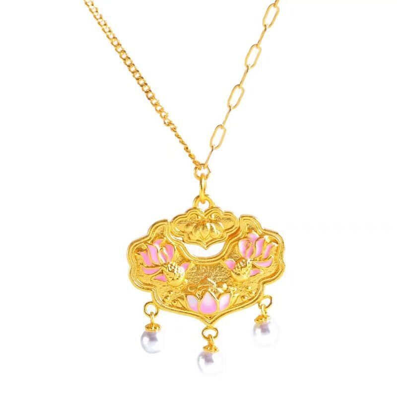 Ruyi Koi Pendant Shop Same Style Sand Gold Double Fish Lotus Safety Lock Bag Sweater Chain Necklace. 