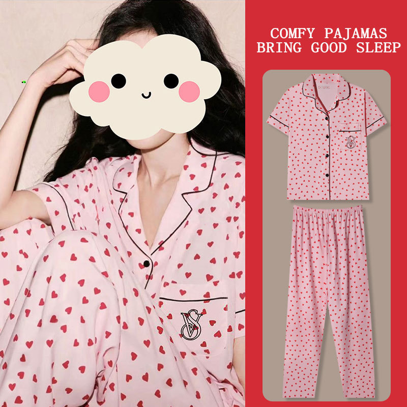 【Cute Cat】New Cardigan Japanese Pajamas Women's Summer Short Sleeve Long Pants Loungewear Spring and Summer Cartoon Two-Piece Set