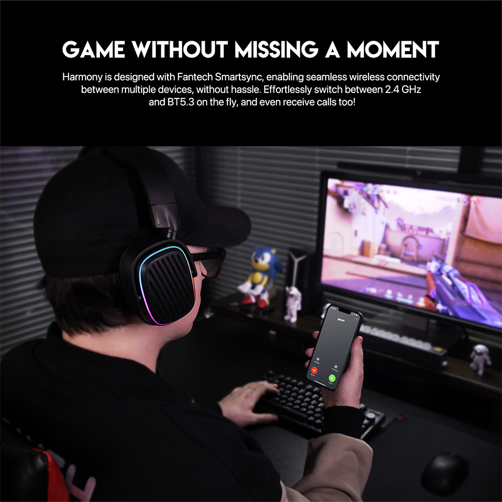 FANTECH WHG02 Harmony Wireless Headset Tri-mode Connections With Noise Cancellation & Mute Buttons Microphone Headphones. 