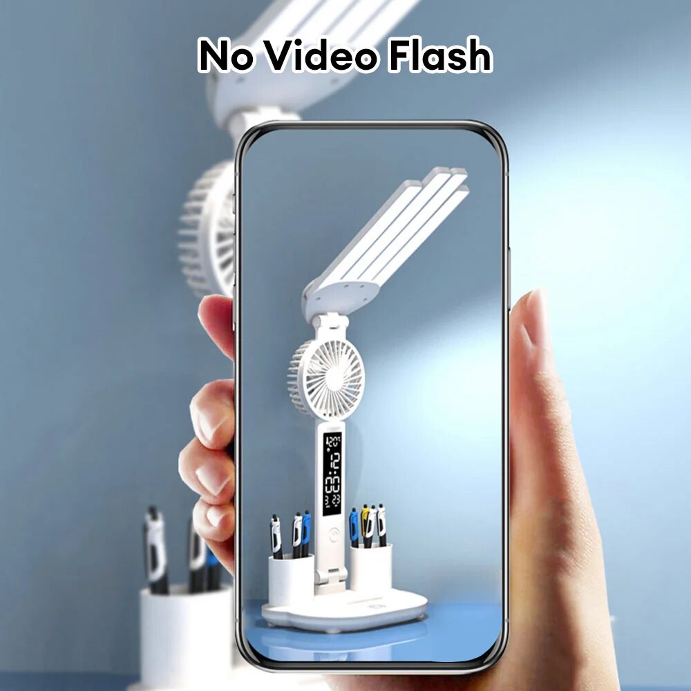 3 in 1 Folding Table Lamp with Fan Clock Calendar Rechargeable Reading Lamp Touch Dimming Night Light Eye Protection Desk Light. 