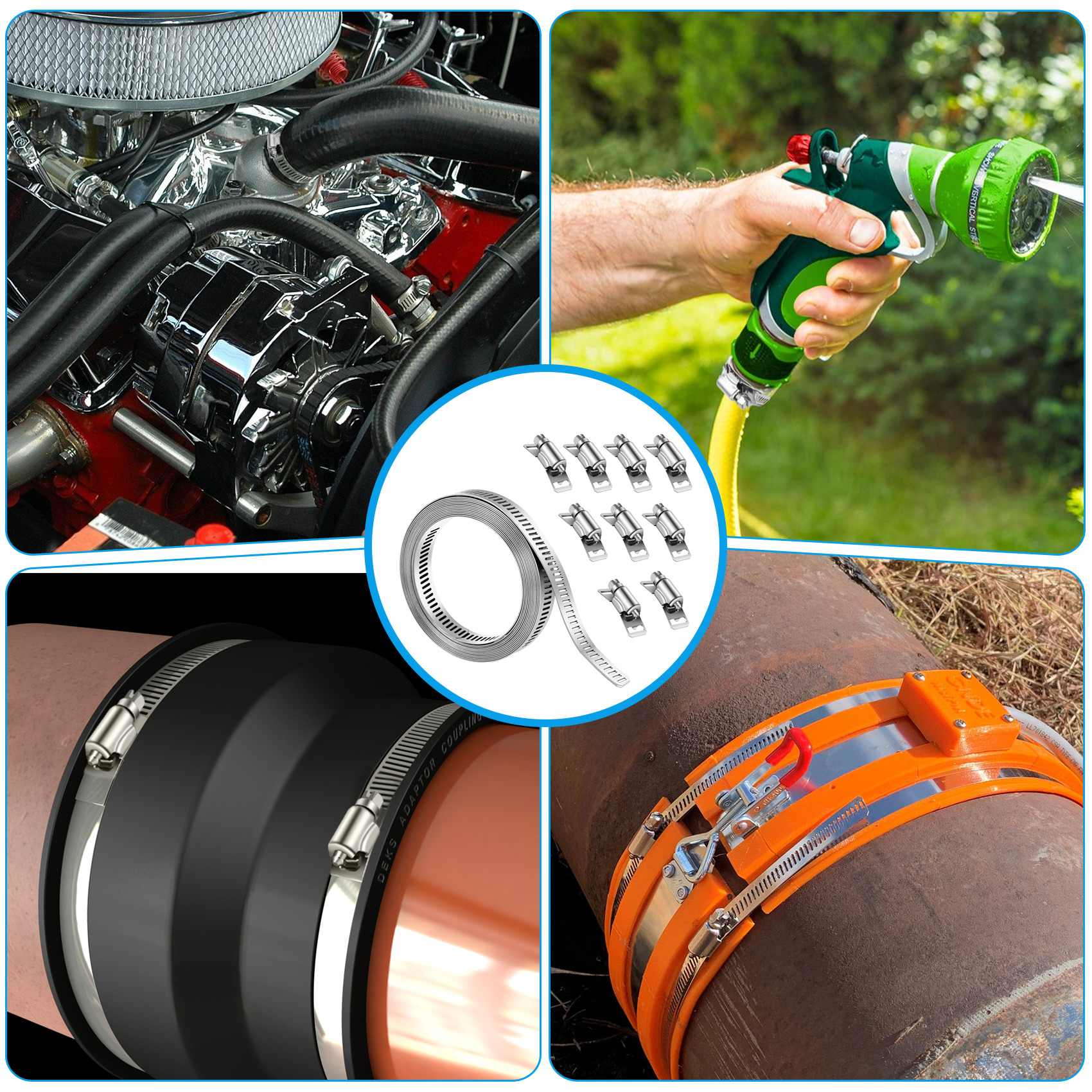 Hose Clamp DIY Clamp Hose Clamp Pipe Hose Silver 9.84Ft Adjustable Band with 10 Pieces Attachment