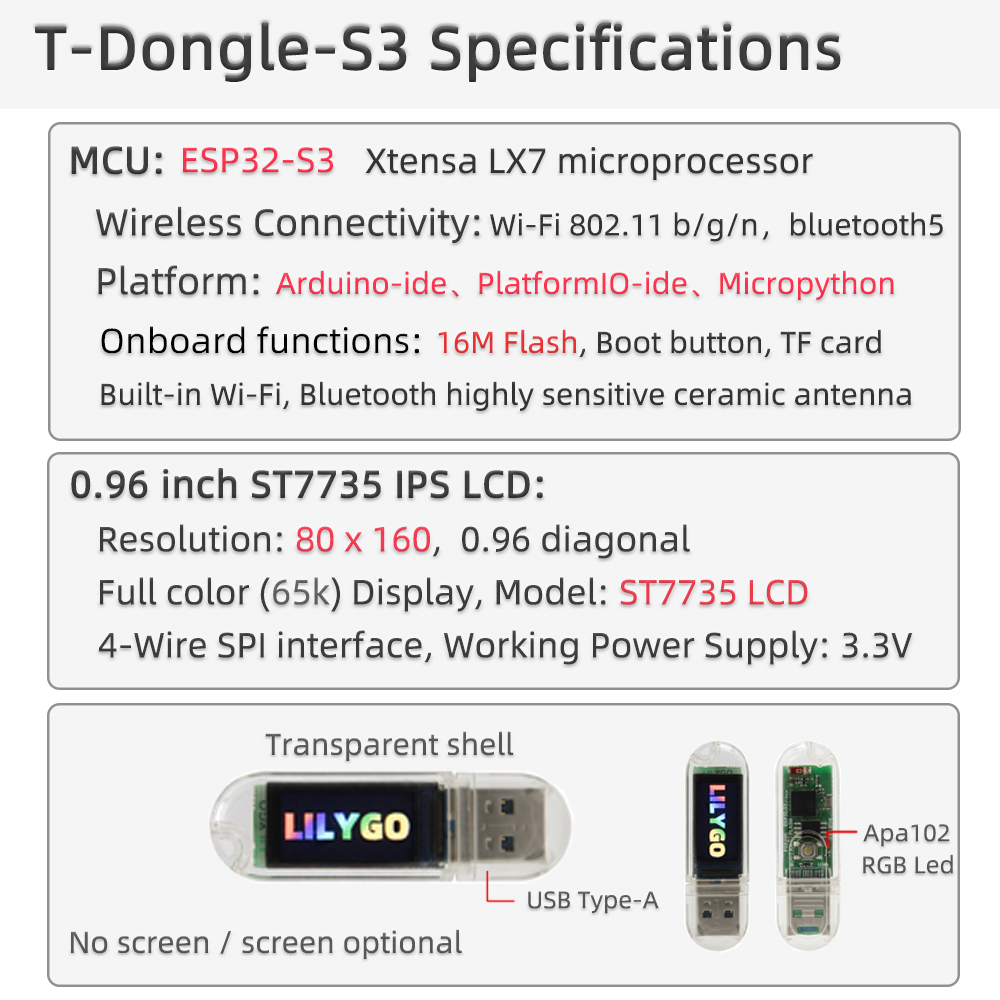 LILYGO® T-Dongle-S3 ESP32-S3 Dongle With 0.96 inch ST7735 LCD Display Screen Support WiFi BLE Hidden TF Card Development Board. 