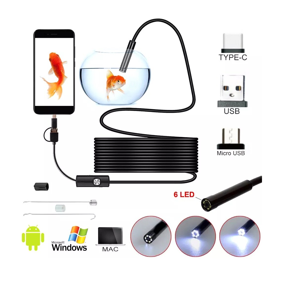 3 In 1 Type-c Android 6 LEDs USB Endoscope Inspection Mini Camera Borescope Flexible Hard Cable for Android Smartphone PC. 