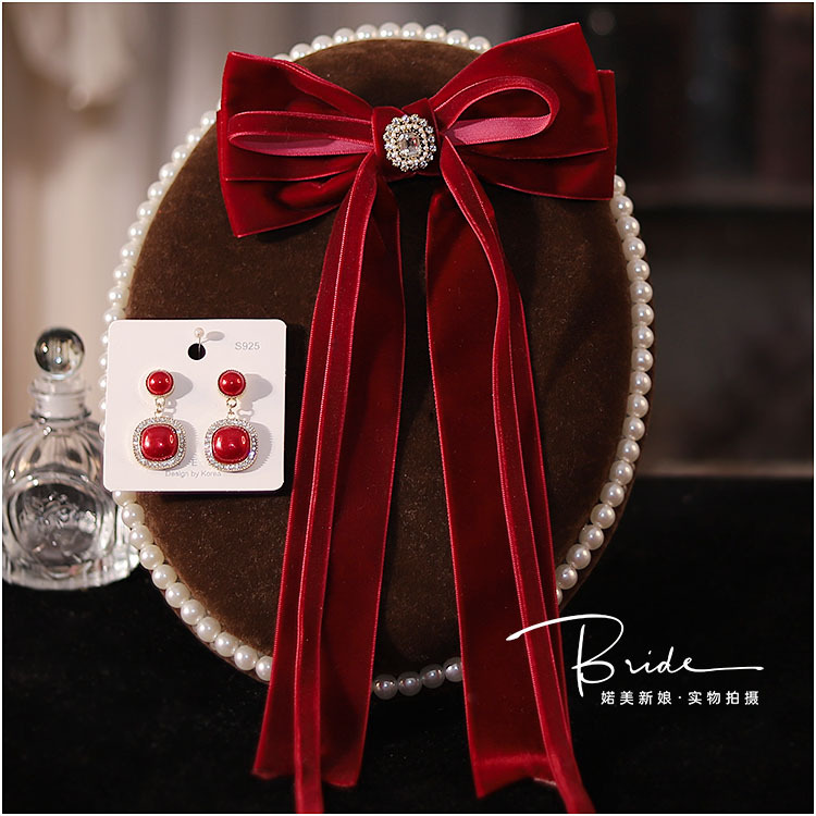 New burgundy velvet long streamer, tassel, bow, hairpin, bridal engagement, hair ornament, toast dress, headpiece