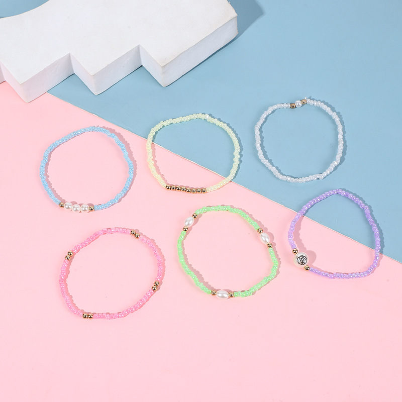 Summer bohemian style beach rice beads girls bracelet and anklet set colorful beads pearl versatile hand accessories for women