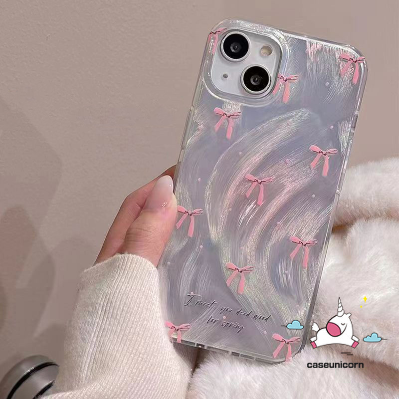 Romance Pink Gradient Bowknot Cartoon Bracelet Case Compatible For IPhone 7Plus 15 13 11 14 12 Pro Max XR XS Max X 15 8 14 7 Plus SE 2020 English Tag Luxury Pearly Luster Card Case. 
