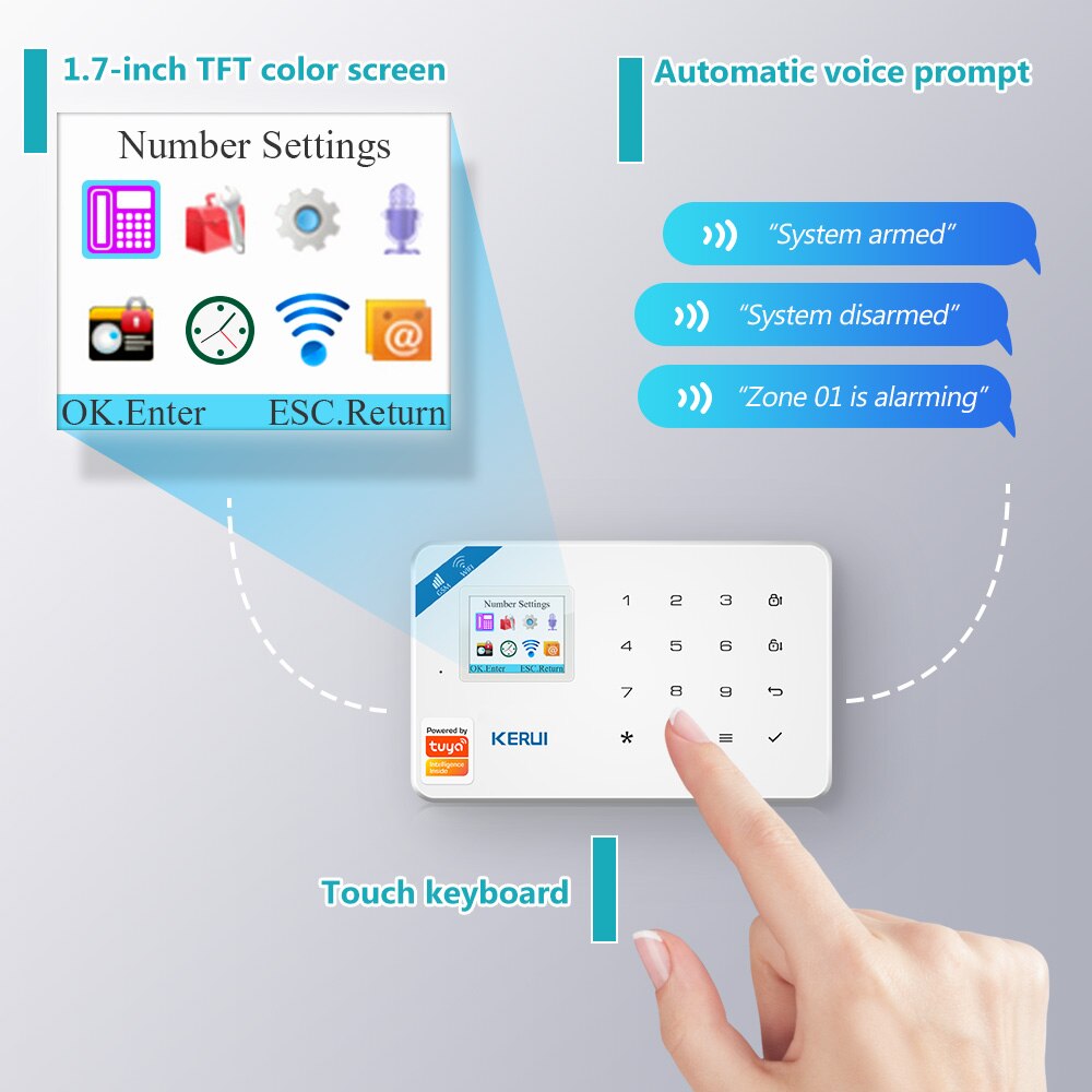KERUI W181 WIFI GSM Tuya Smart House Security Alarm System Burglar  Devices App Control Siren Wireless Compatible with wireless PIR sensor, door sensor, smoke detector, gas detector, panic button. 