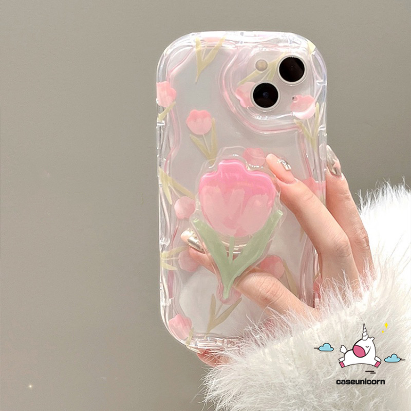 Pink Tulip Flower Stand Holder Iphone Case Compatiable For Realme C35 C55 C11 C25 C25Y C21Y 9i 7i 5i 6i 5 5s C20 C31 C17 C20A C25s C12 C33 C30 C3 C15 C1 C21 3D Wavy Curved Edge Soft Cover. 