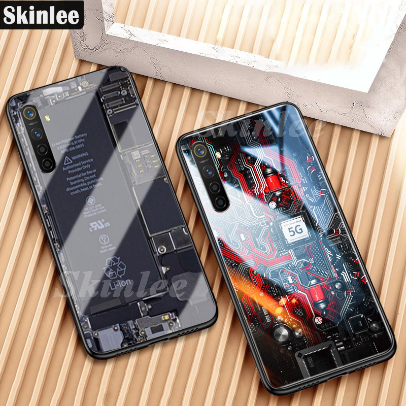 For Realme XT Back Cover Version Theme Case Tempered Glass Protection shockproof Cover for Realme XT case Transparent Circuit Board Design Full Coverage Phone cases. 