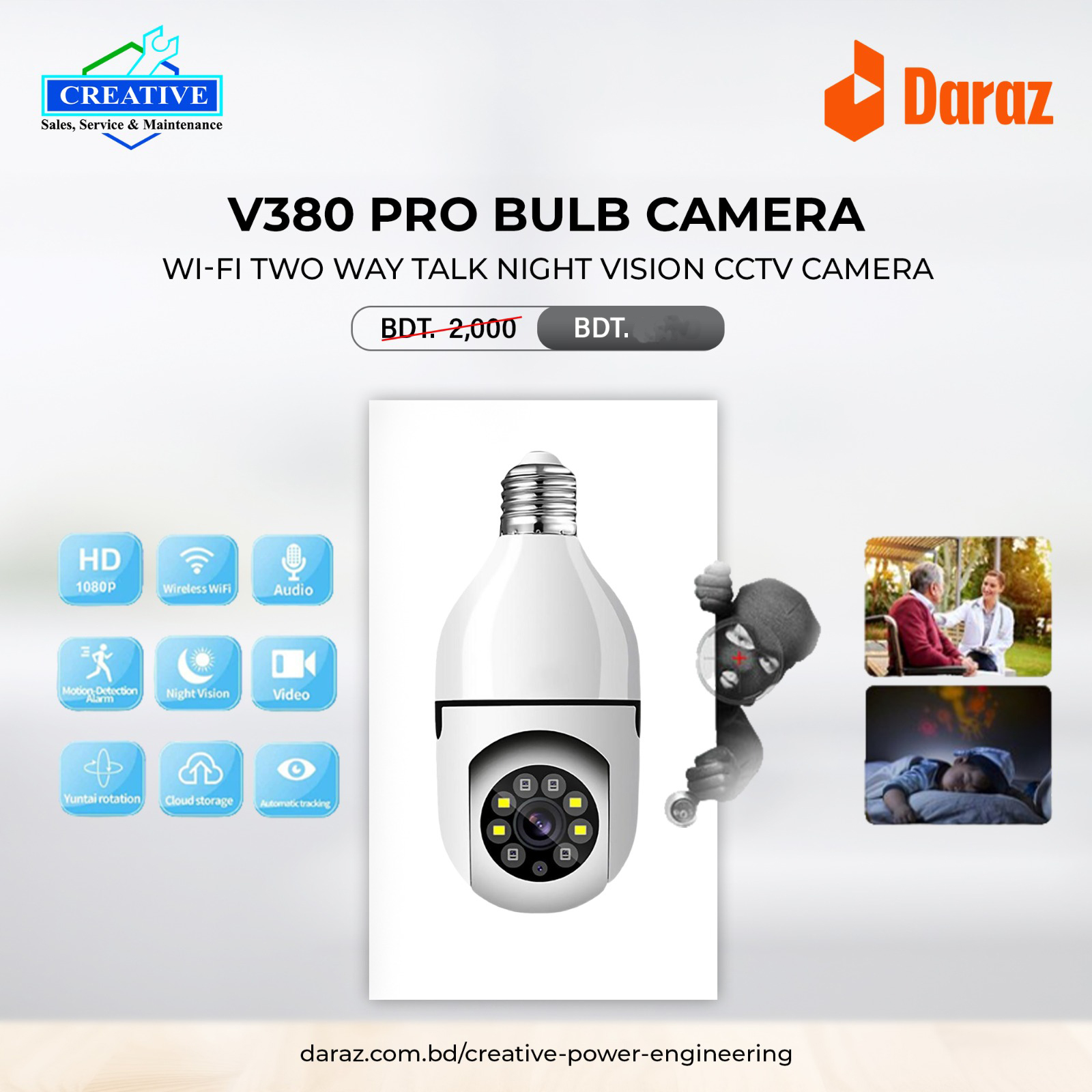 V380 pro Bulb camera Smart bulb IP camera Real Motion Tracking E27 Wi-Fi Two Way Talk Colour Night Vision CCTV Camera. 