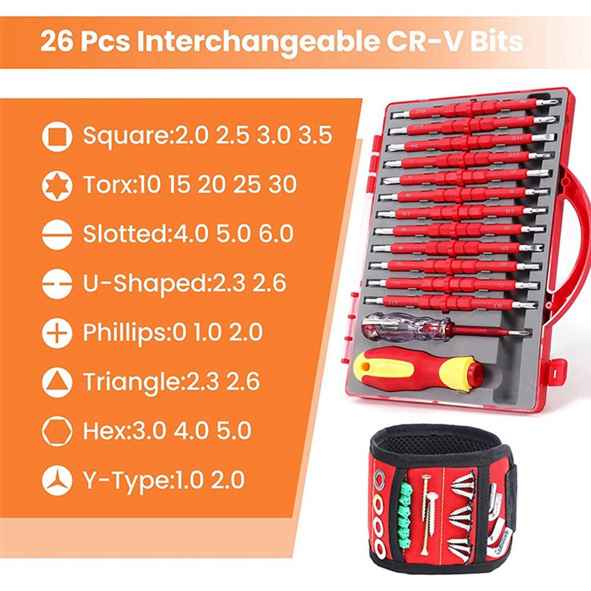 1Set Insulated Electrician Screwdriver Set with Magnetic Wristband Tools 1000V Red Small Tool Set for Men PH Slotted Torx Hex Square Bits