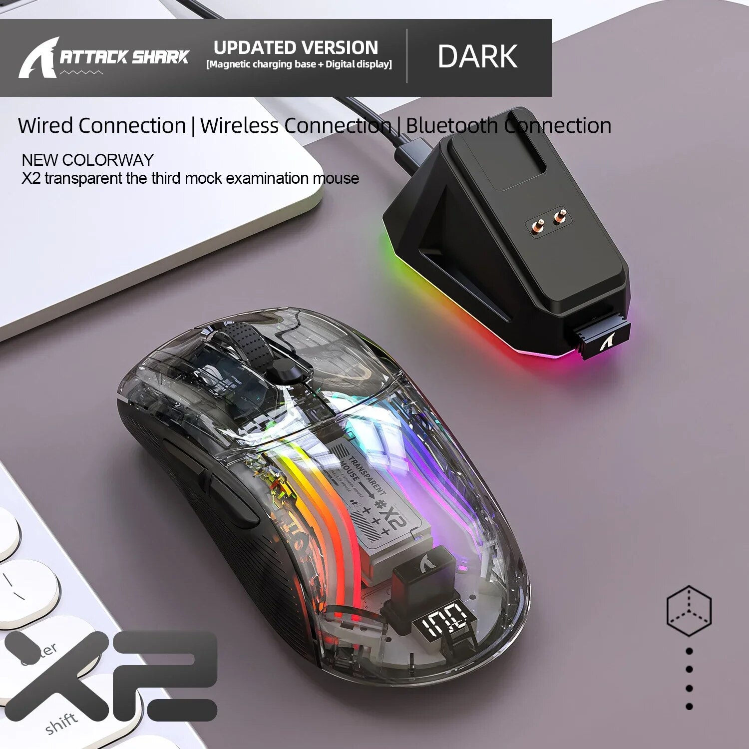 Attack Shark X2 PRO Wireless Bluetooth Gaming Mouse 3-Mode Connection RGB Light USB C Wired 2.4G Transparent Mouse. 