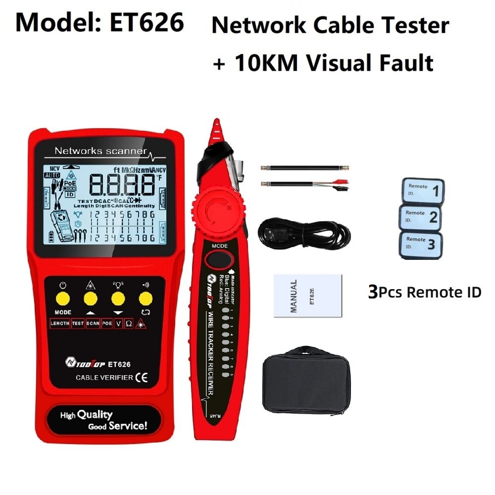 TOOLTOP Network Cable Tester 10KM Visual Fault Locator Multimeter 3 in 1 LAN Length Measure Anti-noise Line Tracker POE Test. 
