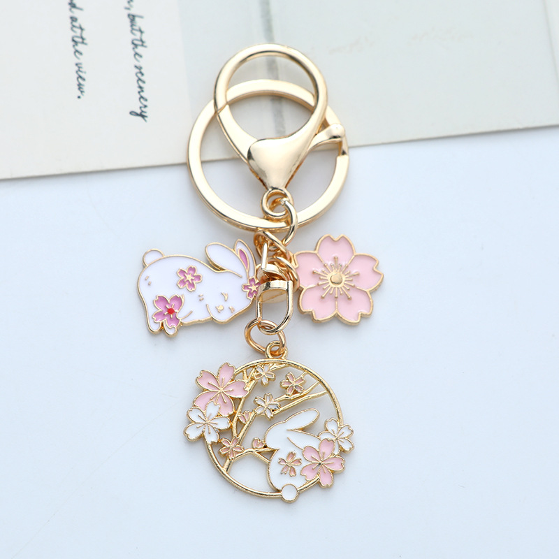 Enamel Finish Rabbit Keychain Decorative Purple Korean Fashion Enamel Keychain Pink 10*4*1cm Cherry Blossom Keychain for Daily. 
