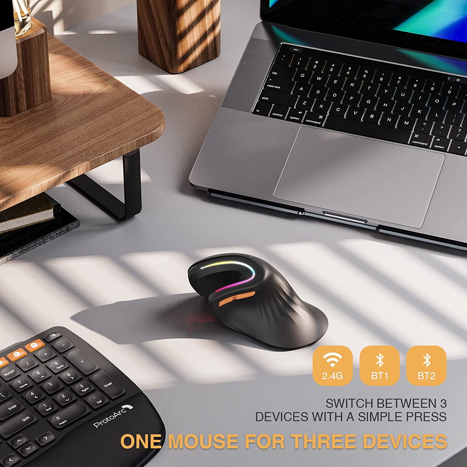 ProtoArc EM11 Bluetooth Wireless Vertical Mouse Rechargeable Ergonomic Mouse RGB Optical Vertical Mice for Windows Mac Android. 