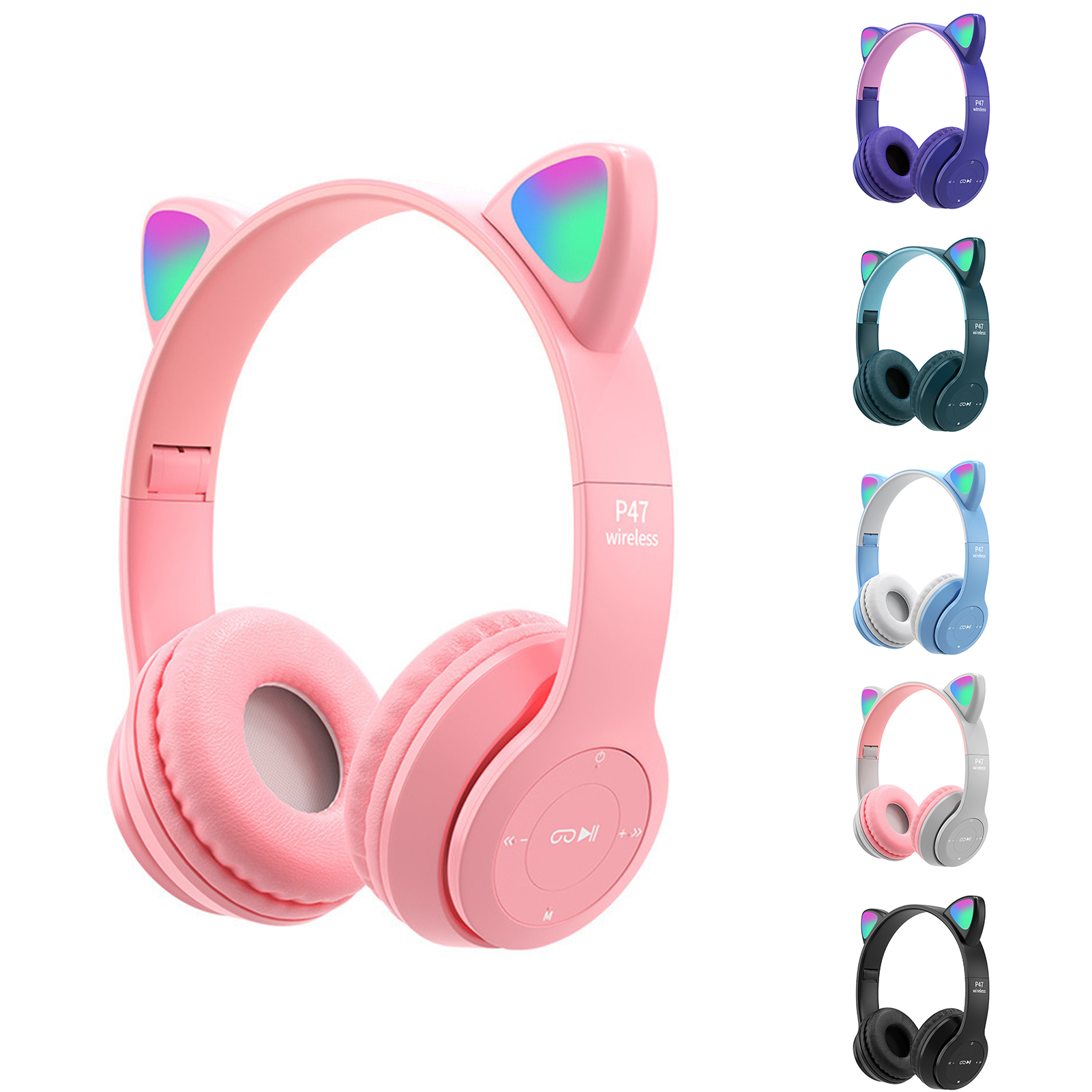 P47 Headphone Bluetooth 5.0 Luminous Cat Ear Shape Wireless Headset for Travel. 