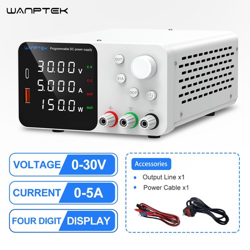 WANPTEK TPS305 Adjustable Regulated DC Power Supply, 30V 5A, Encoder Adjustment, USB Type-C Fast Charge, 4-Digit Display, Low Noise, A/V Switching, Cooling Fan White - UK Plug