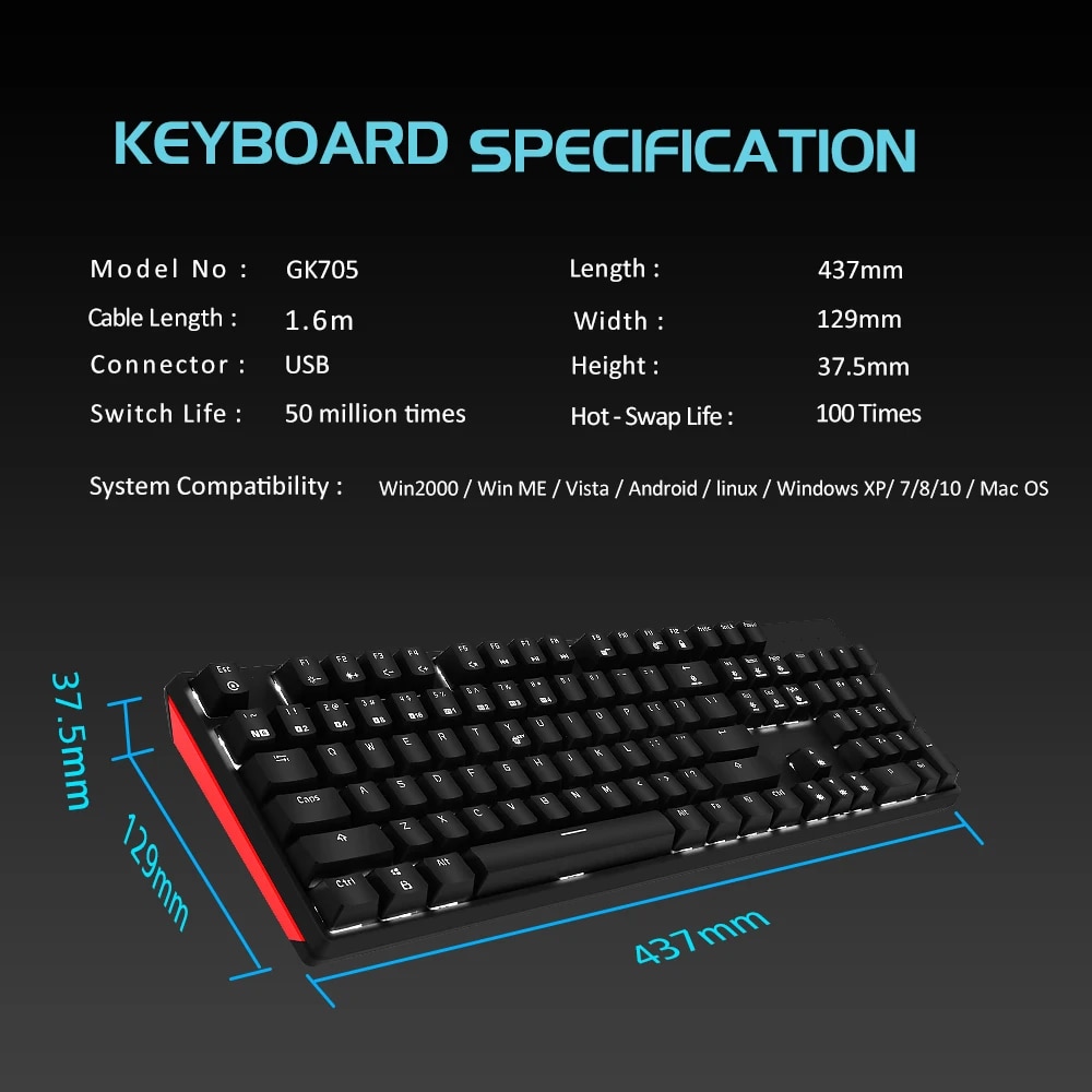 HEXGEARS GK705 Hot Swap Switch Mechanical Keyboard 104 Keys RU/US Waterproof Wired Gaming Keyboard Anti-Ghosting Backlit For PC. 