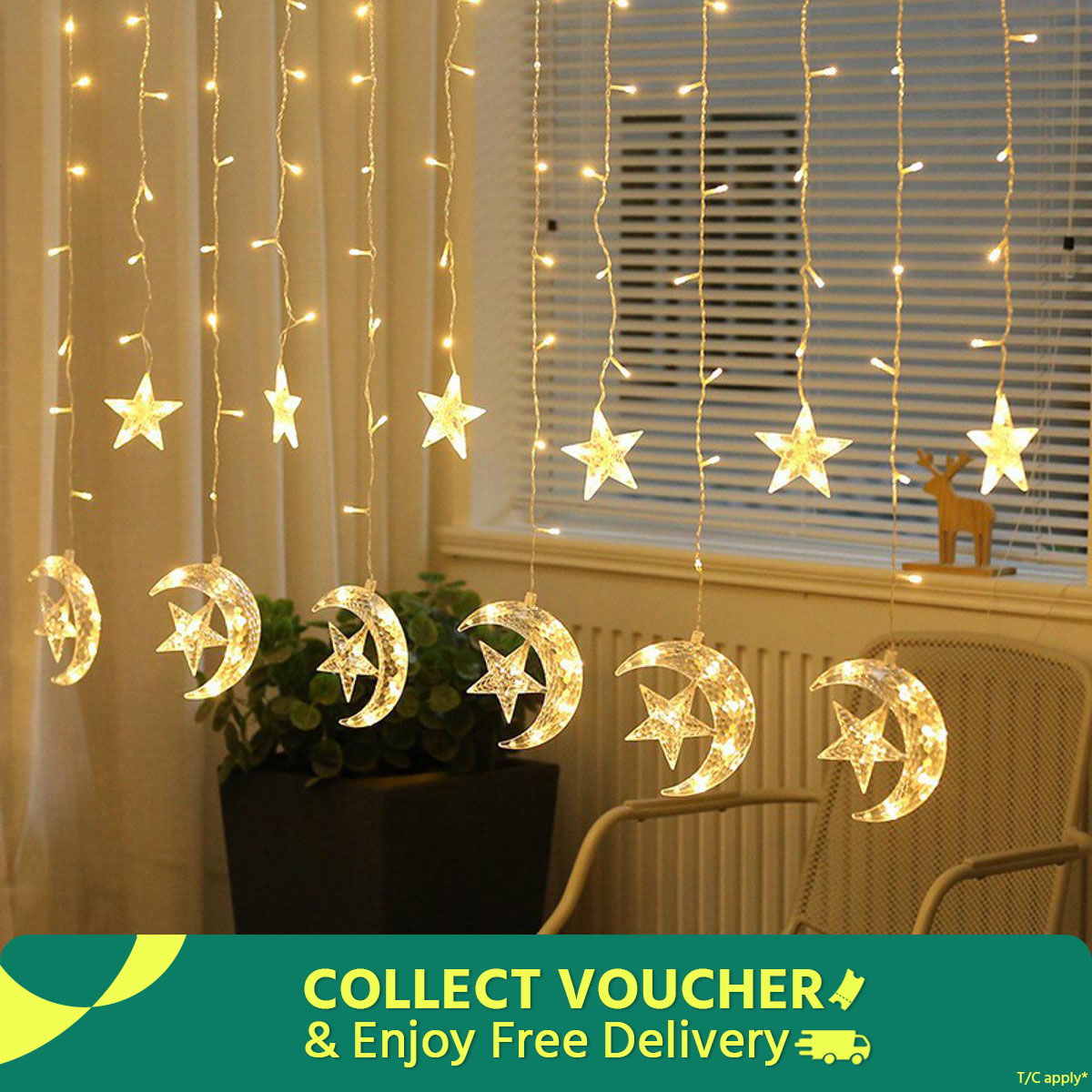 LED Star Curtain Lights ,6 moon-star & 6 single star Window Curtain String Light Moon Star String Light multi & golden color plug systems
