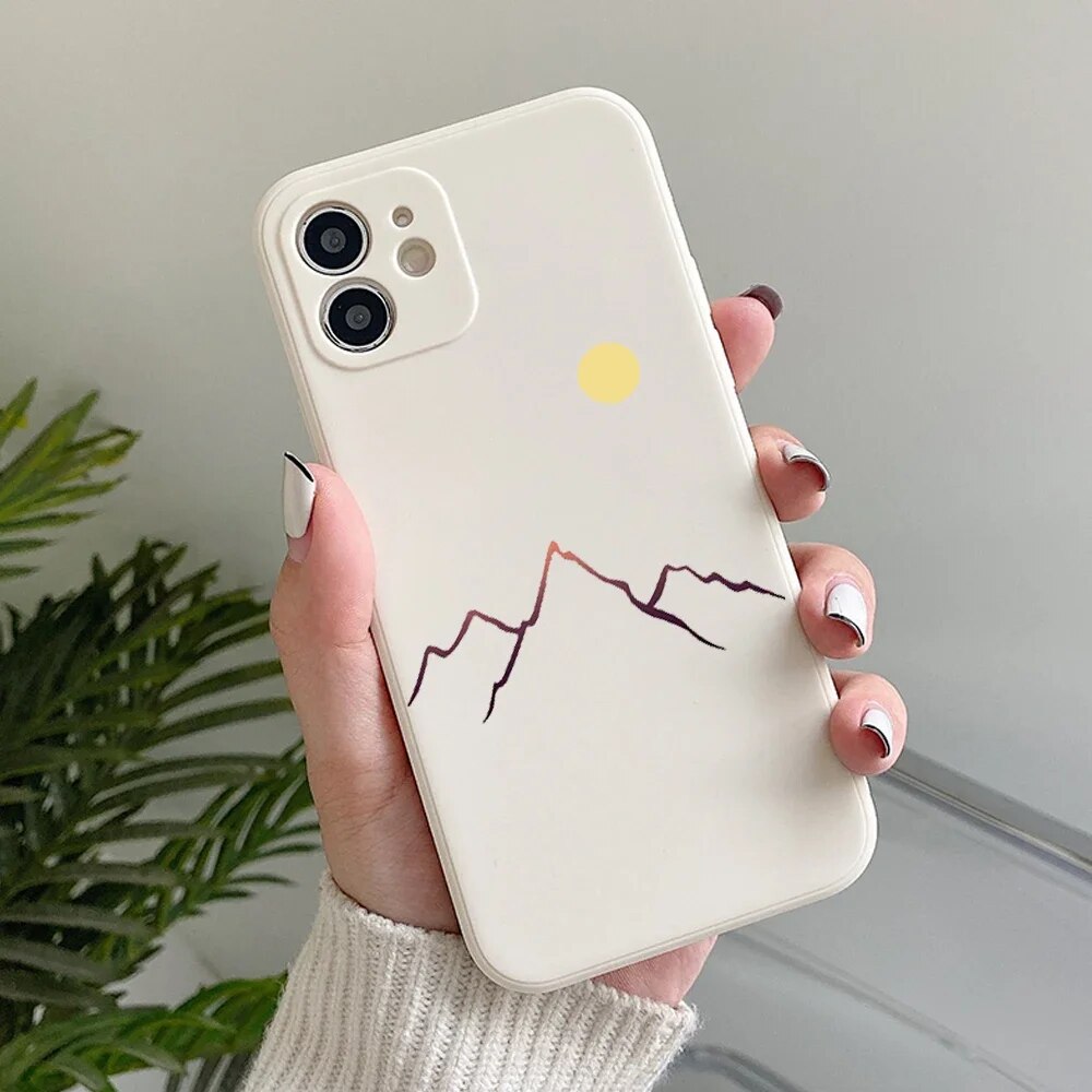 Simple Sun Moon Couple Phone Case for IPhone 11 12 13 14 15 Pro Max XR X XS SE2 7 8 Plus Line Mountain Scenery Matte Cover Shell. 