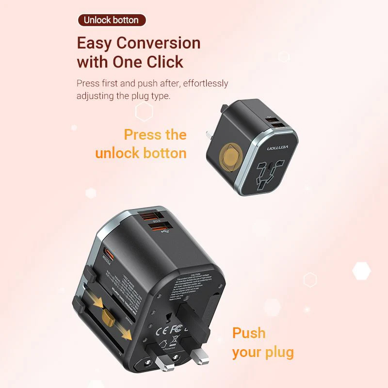 Vention FJCB0 3-Port USB (C + A + A) Universal Travel Adapter (20W/18W/18W) - Black - Universal Travel Adapter - Fast Charging for All Three Ports. 