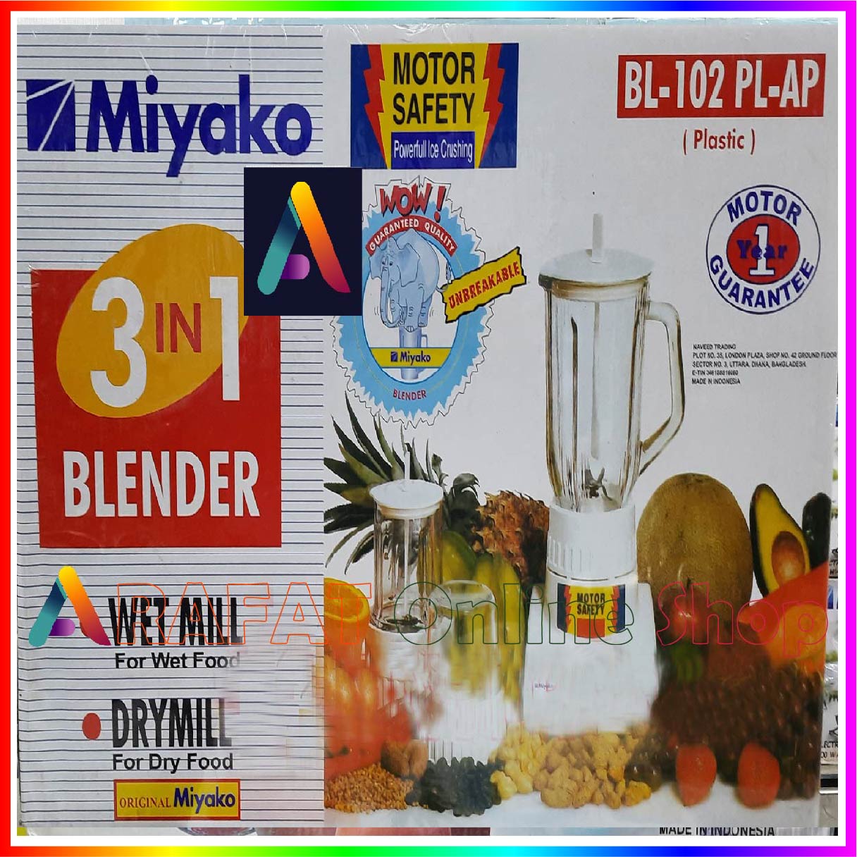 Miyako 3 in 1 Blender with Dry & Wet Mill BL-102 PL-AP. 