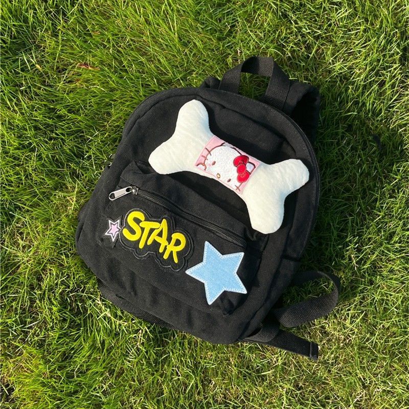 New Cute Bone Black Backpack Letter Design Niche Cartoon Animation Zipper Backpack. 