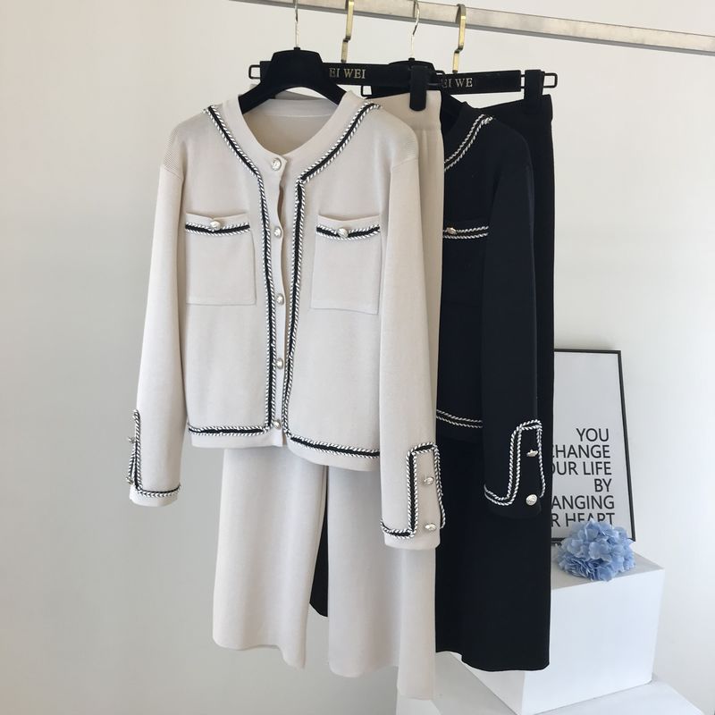 2021 ew Autumn orean Color lo ound e ouble oet nit Cardigan op + Loose Wide Leg ants wo-iece ants Set Women