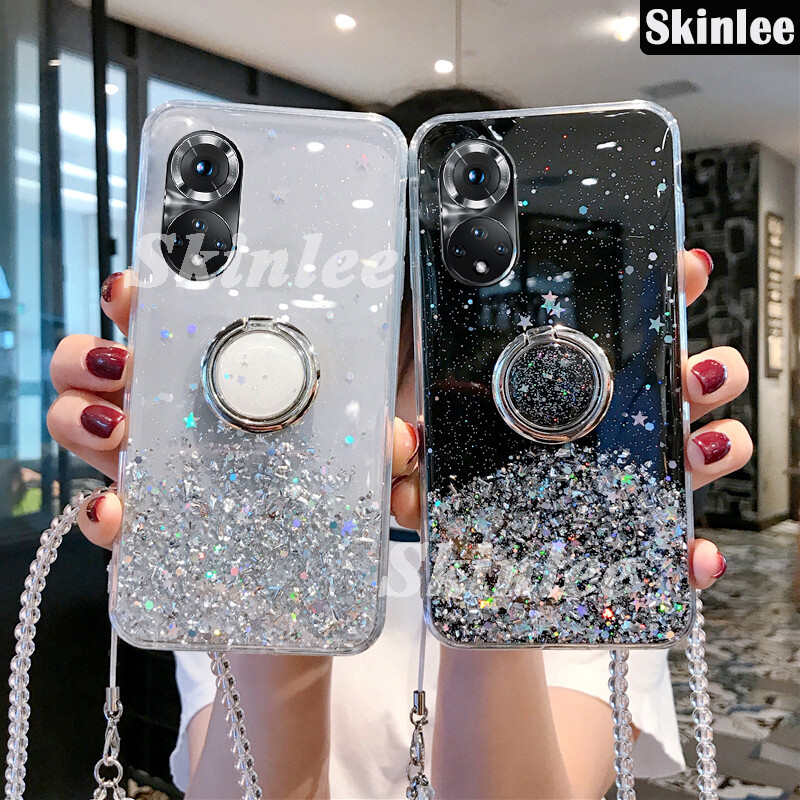 Phone Case for Huawei P50 Pro Glitter Starry Sky Bling Ring Lanyard Shiny Soft Cases for Huawei P50 Pro Transparent Holder Stand Back Cover Stars Girls