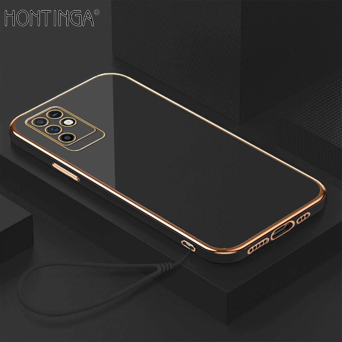 Hontinga for Infinix Note 10 Back Cover + Free Lanyard Luxury 6D Plating Frame Shiny Bling Case Soft Silicone Square Mobile Cover