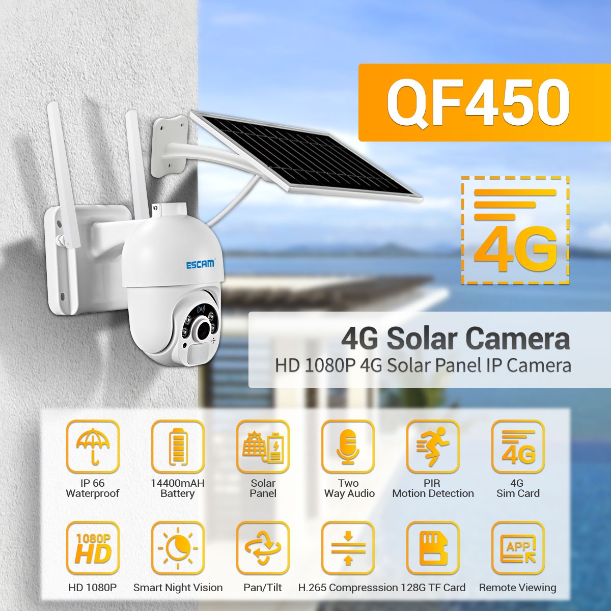 ESCAM QF450 HD 1080P 4G EU Version Solar Powered IP Camera with 64G Memory, Support Two-way Audio & PIR Motion Detection & Night Vision & TF Card. 