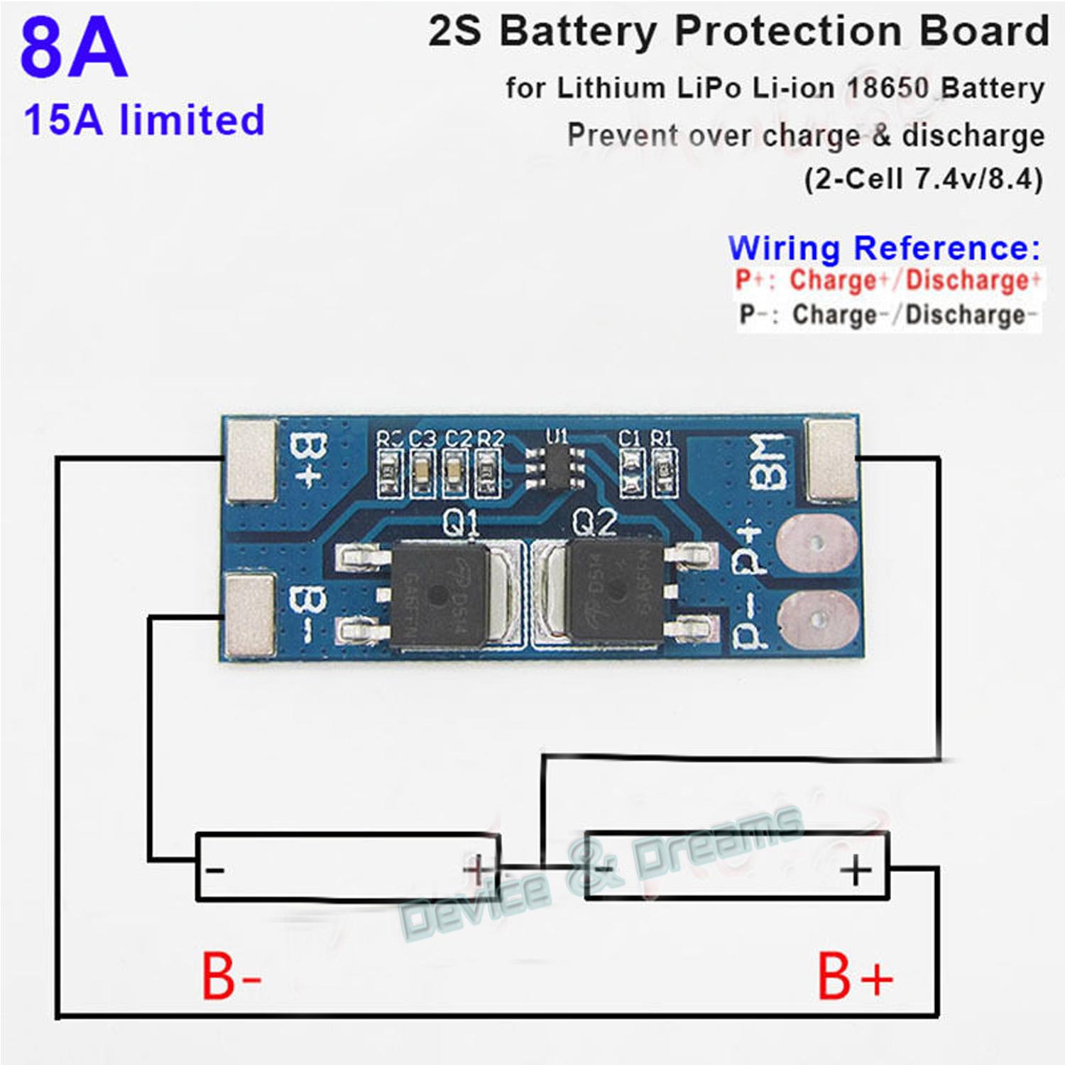 2S 8A 7.4V Lithium Battery Charger Protection Board BMS Module for 2 Piece 18650 Li-ion Battery Cell Charging 7.4V - 8.4V. 