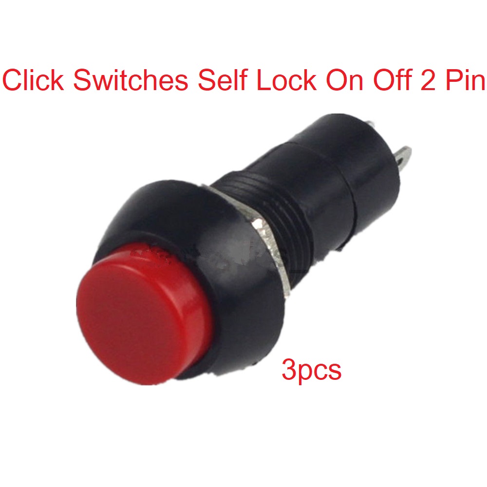 3Pcs- Click Switch PBS-11 SELF-LOCK AC 250V 3A 2 Pin Leads On Off SPST RED CAP Self-Locking Plastic Push Button Switch Latching Switches . 