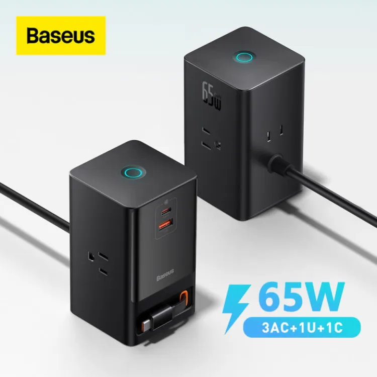 Baseus GaN Charger Gan5 Pro Power Combo Digital Power Strip 3AC 1U 1C Retractable-C 65W with 1.5m power cord CN Black