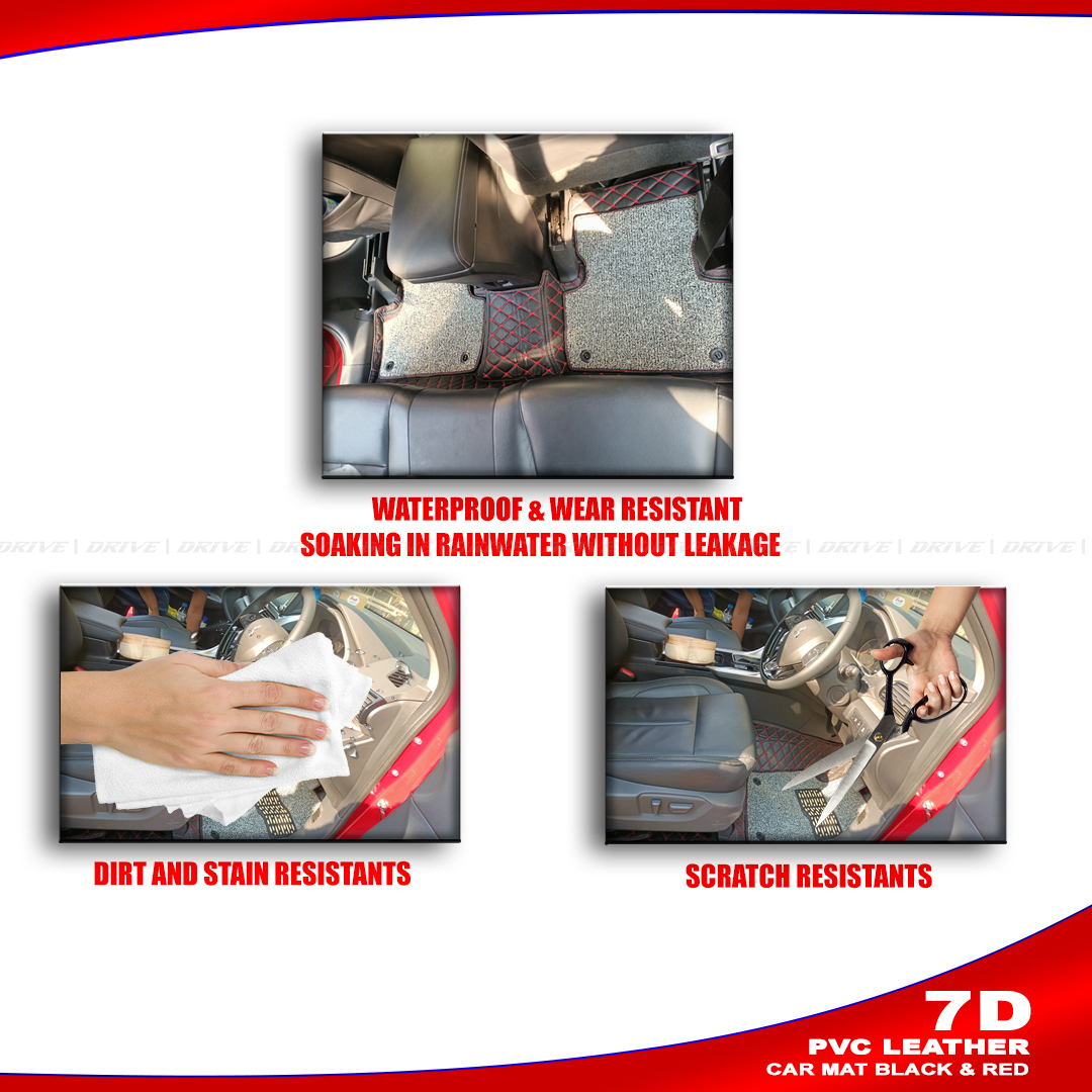 PVC LEATHER 7D CAR MAT , 7D Car Mats For 5 SeateR Luxurious car mats -BLACK & RED. 