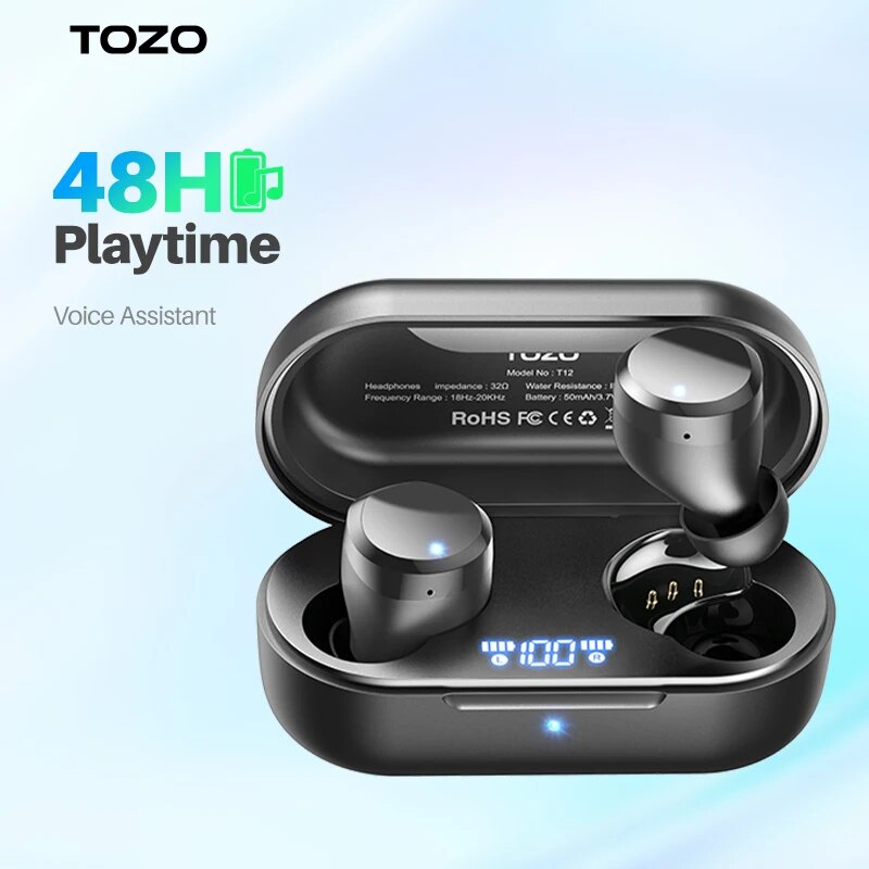 TOZO T12 Bluetooth Earphones ,Wireless Earbuds With Premium Sound Smart  Touch LED Digital Display 48H Play For Sports