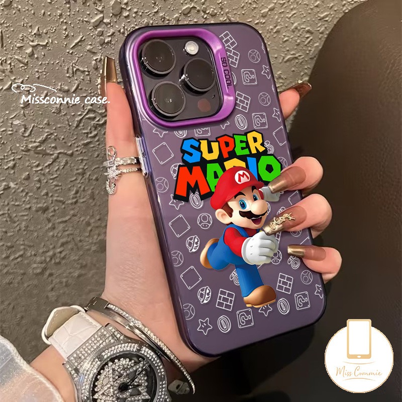 Cute Cartoon Super Mario Case Compatible for IPhone 16 11 15 14 13 12 Pro Max 7Plus XR X XS Max 15 7 16 8 Plus SE 2020 Luxury Plating Metal Lens Doodle Colored English Letter Cover. 