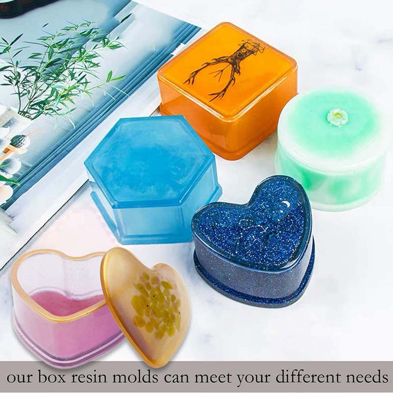 4 Pack Box Resin Jewelry Box Heart Shape /Hexagon/Round and Square Epoxy Containers with Lid. 