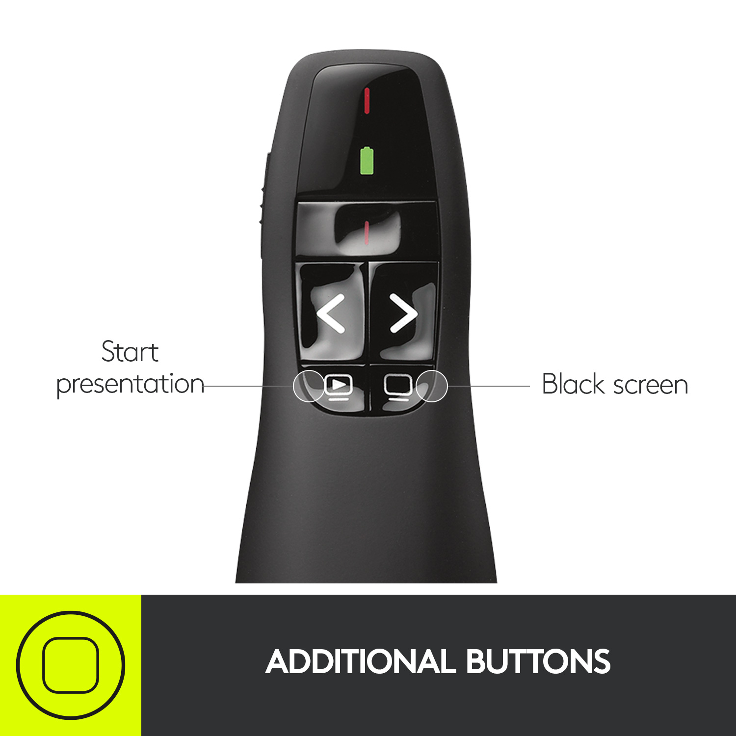 Logitech R400 Wireless Presentation Remote, 2.4 GHz, USB-Receiver, Red Laser Pointer, 15-Meter Operating Range, 6 Buttons, Intuitive Slideshow Control, Battery Indicator, PC - Black. 