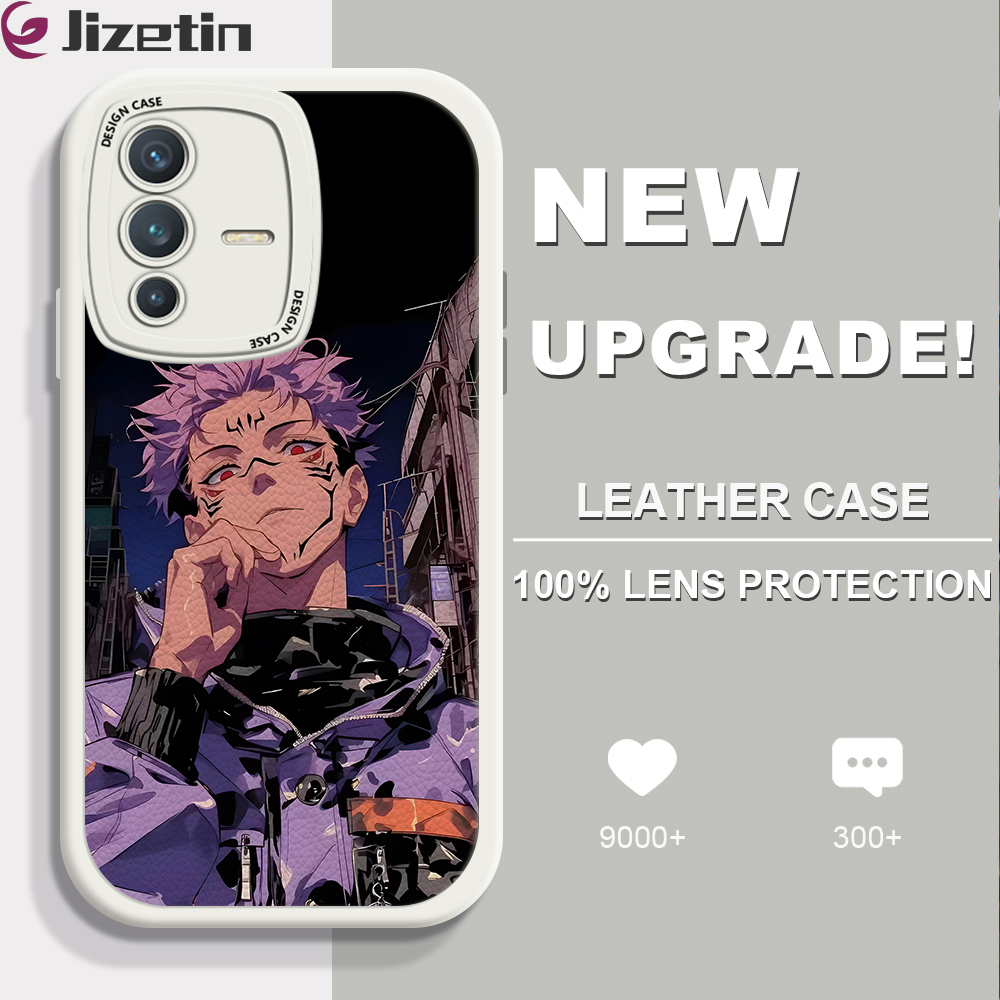 Jizetin for Vivo V23 5G Back Cover Ryomen Sukuna Lambskin Texture PU Leather Back For Girls Boys Soft Phone Case