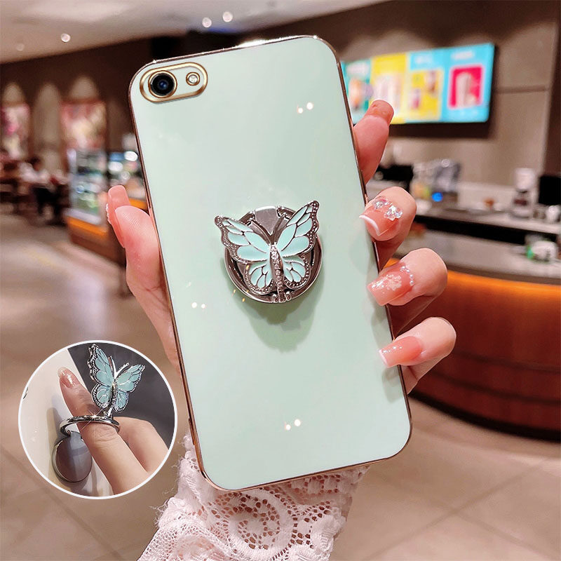 AnDyH Butterfly Ring Holder Phone Case Vivo Y81 Y83 Y81i Y71 Y71i Y79 V7 Plus Y75 V5 Lite Vivo 1724 1801 1812 1808 1803 1609 Rotating Belt Drill Silicone Soft Shell Anti Drop. 
