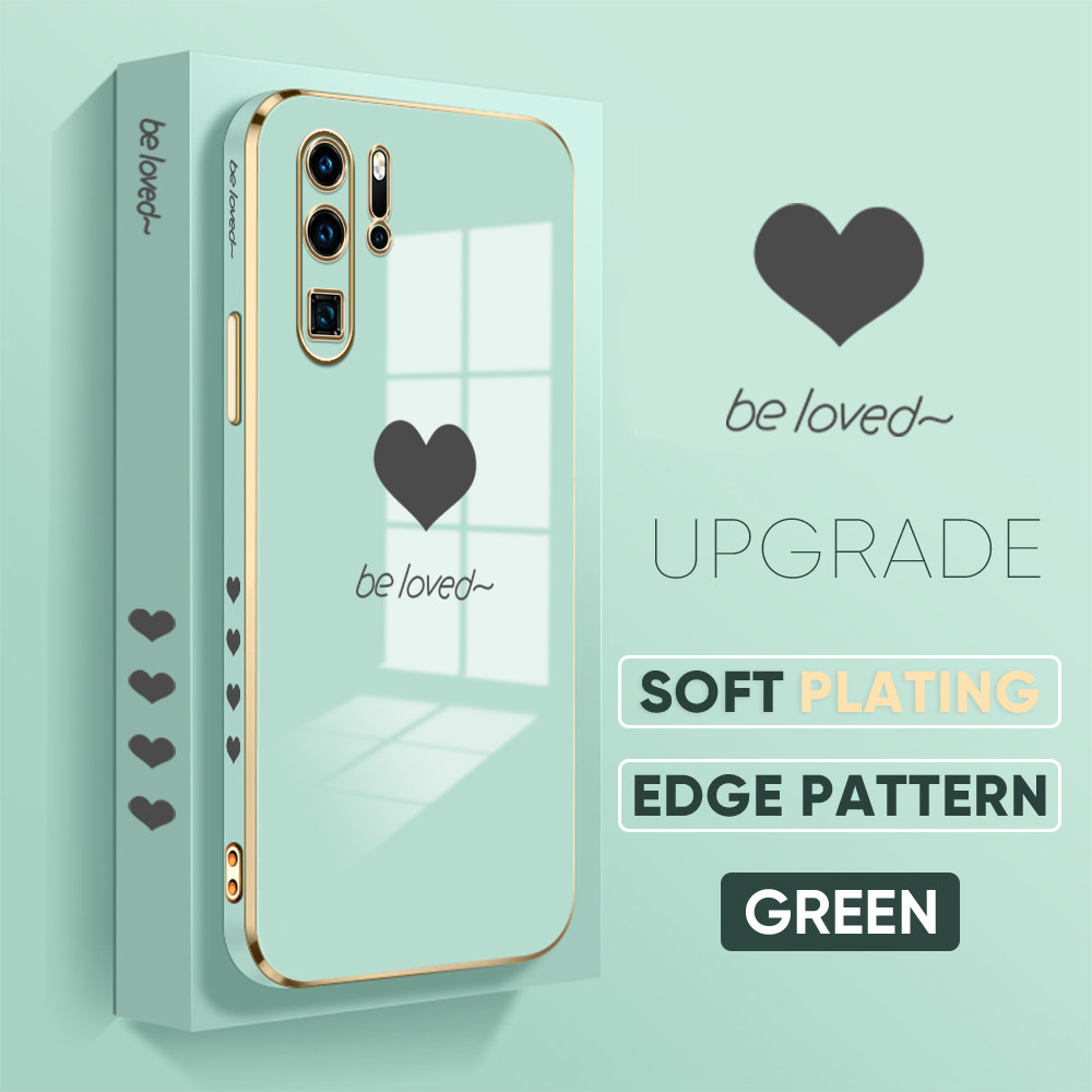 Jizetin (Free Lanyard) for Huawei P30 Pro Luxury 6D Plating Soft Casing Silicone Square Frame Phone Case Shiny Bling Back Cover New Lover Heart New design Side Drawing Case