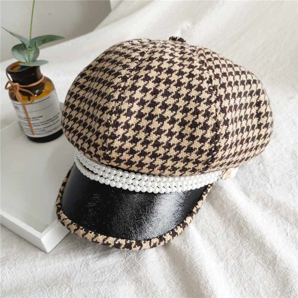 women winter hat young woman bla and ite plaid pearl parquet along fashion ch thousand bird laid